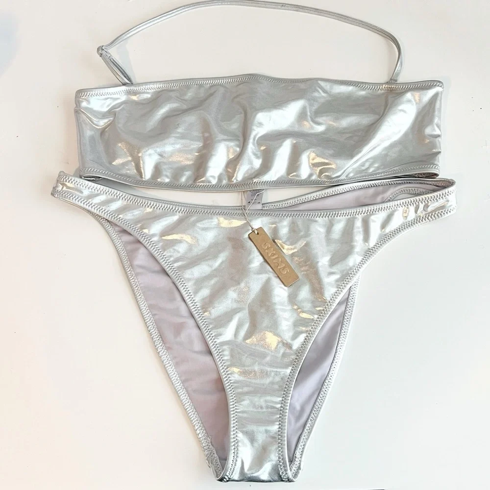 NWT SKIMS Metallic Silver Bandeau Bikini Set 2X